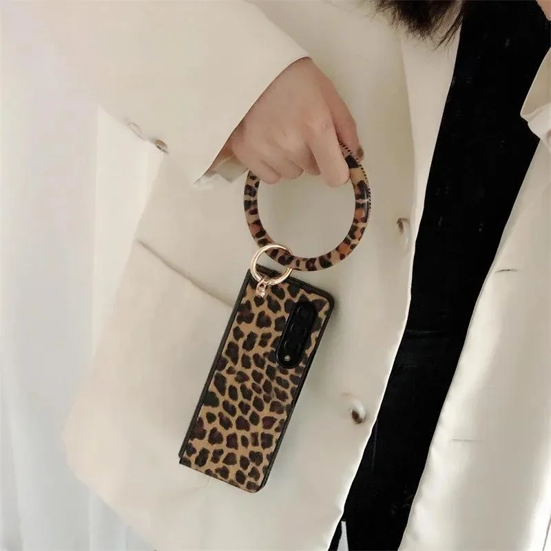 For Samsung Galaxy Z Fold 6 5 4 3 2 5G Fold5 Portable Bangle Big Hand Ring Cover Leopard PU Leather Hard Case Cover