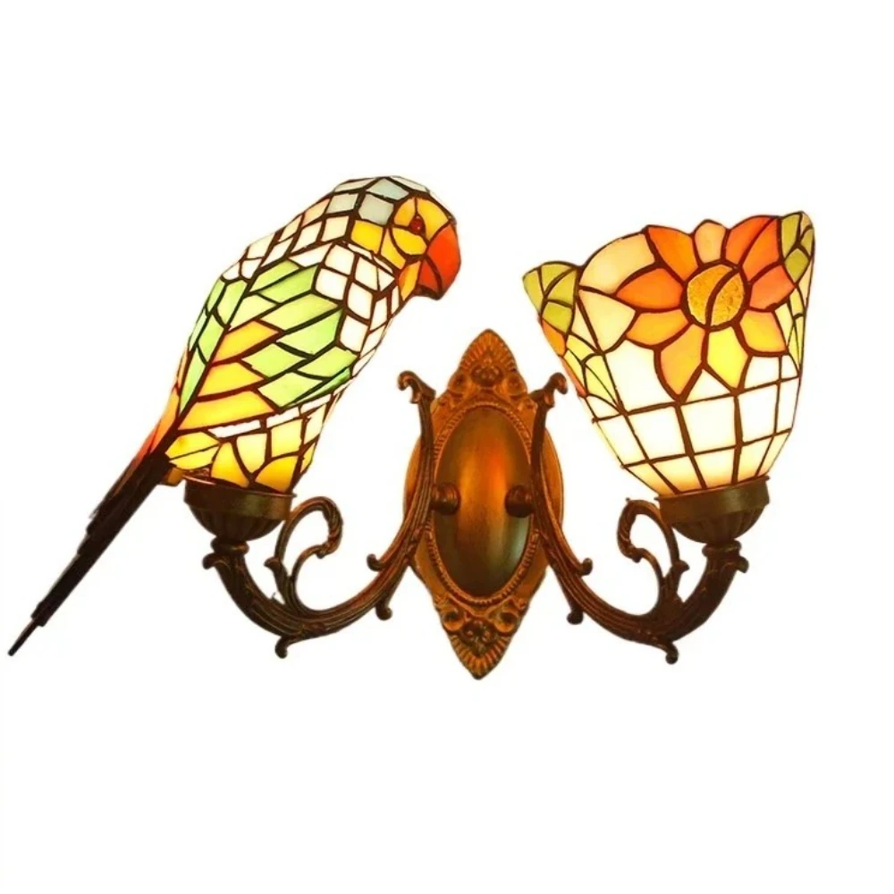 

Double Heads Tiffany Wall Lamp Stained Glass Parrot with Aquarius Lantern Vintage Antique Lighting Decor Hall Wall Light Sconce