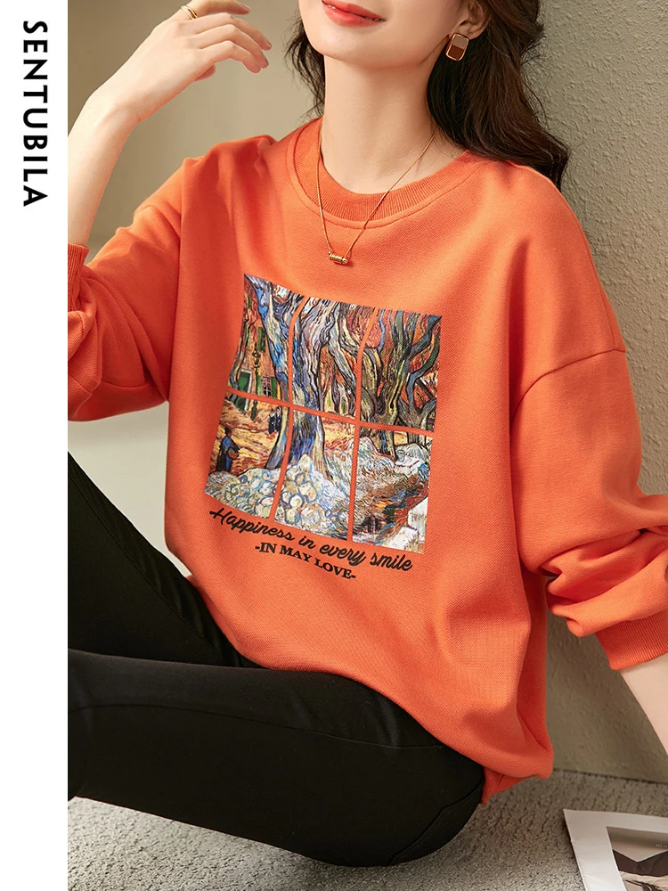 SENTUBILA Graphic Print Sweatshirts Long Sleeve Tops for Women 2024 Spring Autumn Casual Loose Letter Pullover Female 113A37836