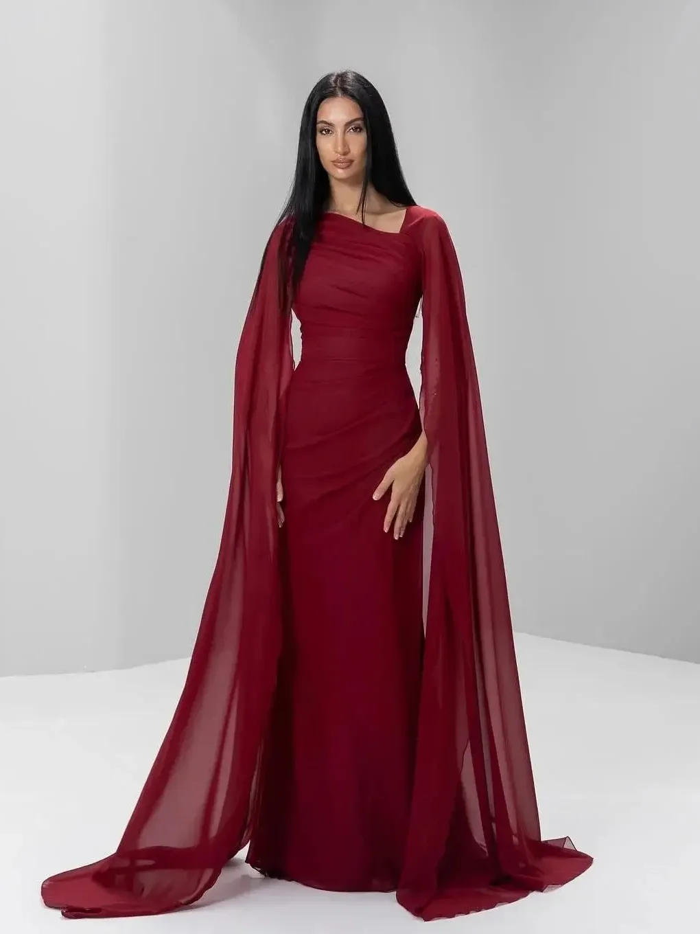 

Merida Burgundy Chiffion Evening Dresses Beaded Formal Occasion Gown Ruffled Mermaid Prom Dress For Ramadan 2024 Floor Length