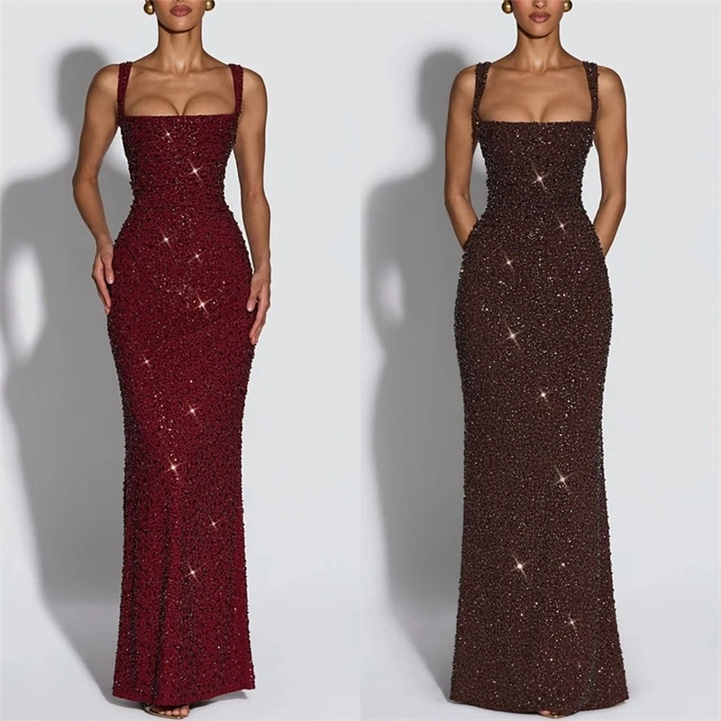 

2026 Women Sleeveless Bandage Sexy Party Dress Sequins Patchwork Ladies Dress Square Collar Spaghetti Strap Chic Maxi Dress