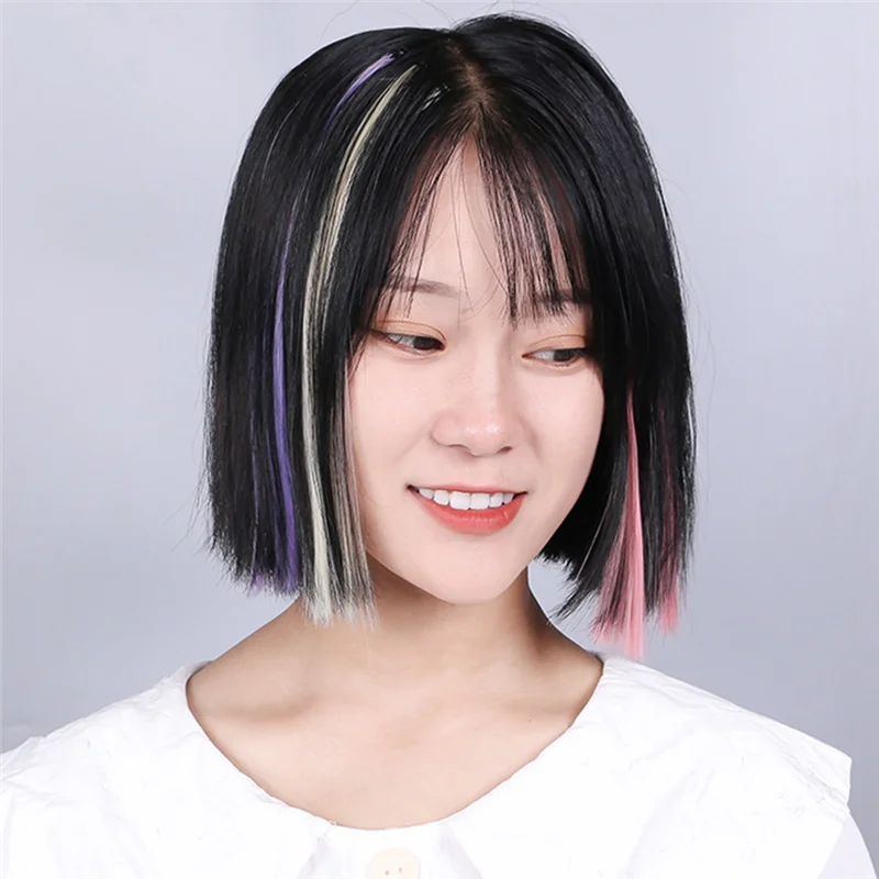 A88X 10Pcs Rainbow Girl Highlighted Hair Extension Hairpin Long Straight Hair Clip Trimmable For Hair False Hair Lilac