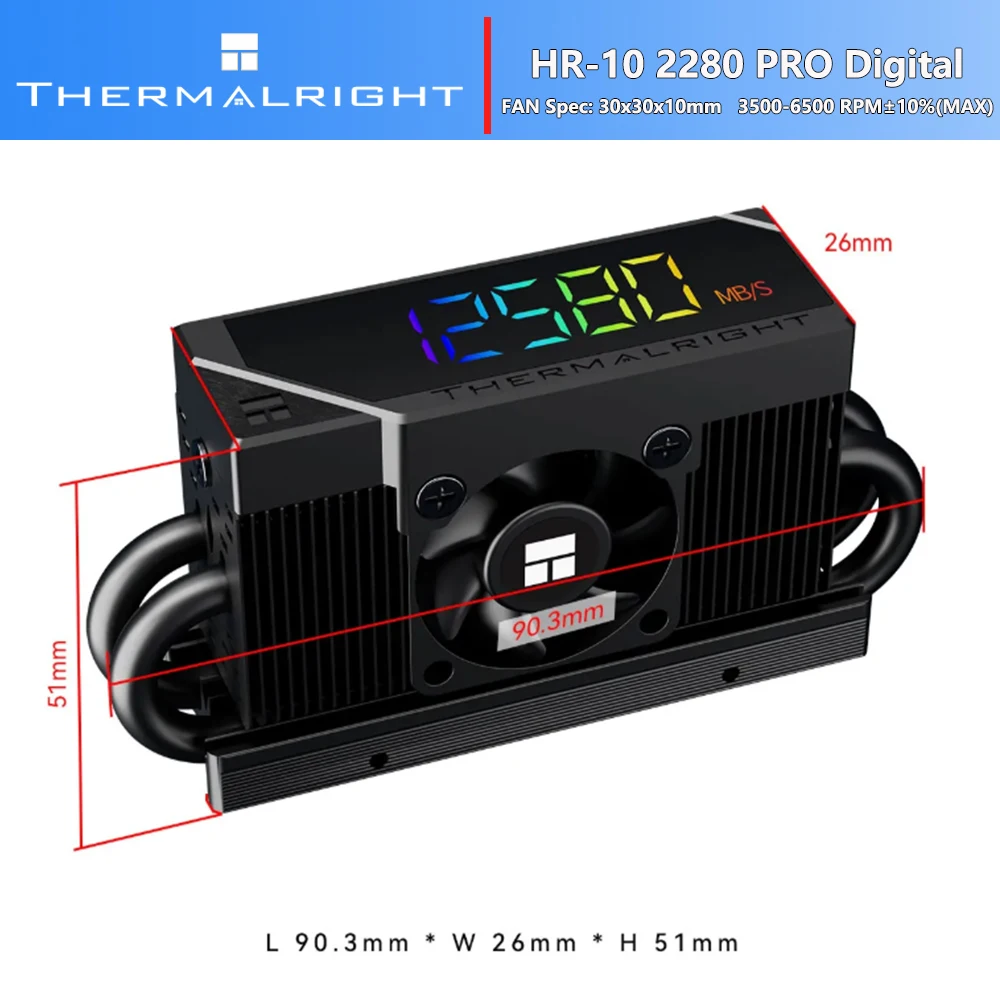 Thermalright HR-10 2280 PRO DIGITAL M.2 SSD Cooler With Screwdriver 5mmx4Units Heatpipe 30x30x10mm 4Pin Fan Temperature Control