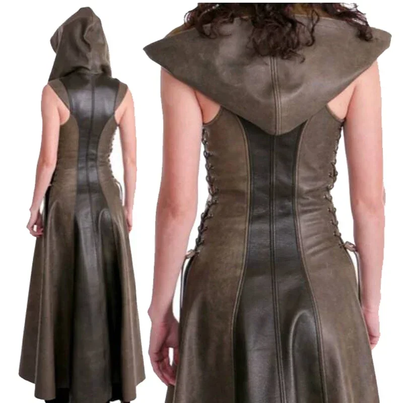 New 2025 Women sexy lace up leather hooded dress adult ranger cosplay clothes gothic Halloween costumes 96ly