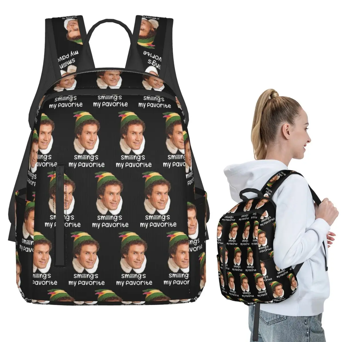 

Smiling's My Favorite Buddy The Elf Movie Will Ferrell Backpack Student BookBag School Bag Computer Shoulder Bags Boys Girls