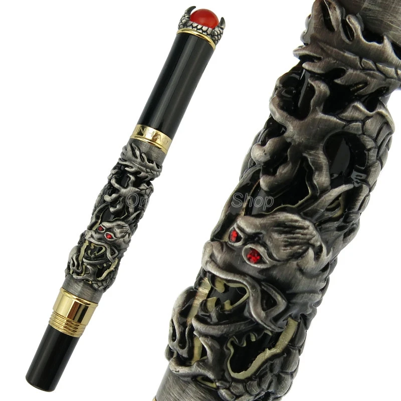 Jinhao Brilliant Ancient Gray Dragon King Carving Embossing Gold Trim Roller Ball Pen Professional Office Stationery Writing