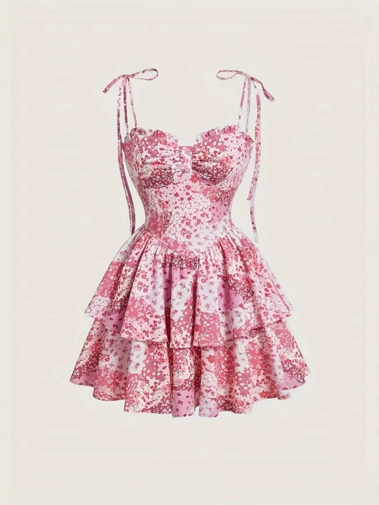 

Women's New Elegant Casual Dress Spring And Autumn Small Fragrant Floral Suspenders Retro Pink Hem High-waisted Cake Skirt