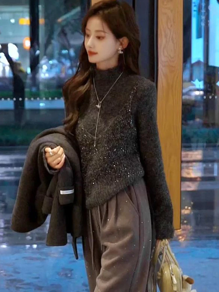 

Faionable Sparkling Women's Knitted Sweater f High Collar Slimming Sli Top Early Spring 2025 New Arrival Two-Piece Look