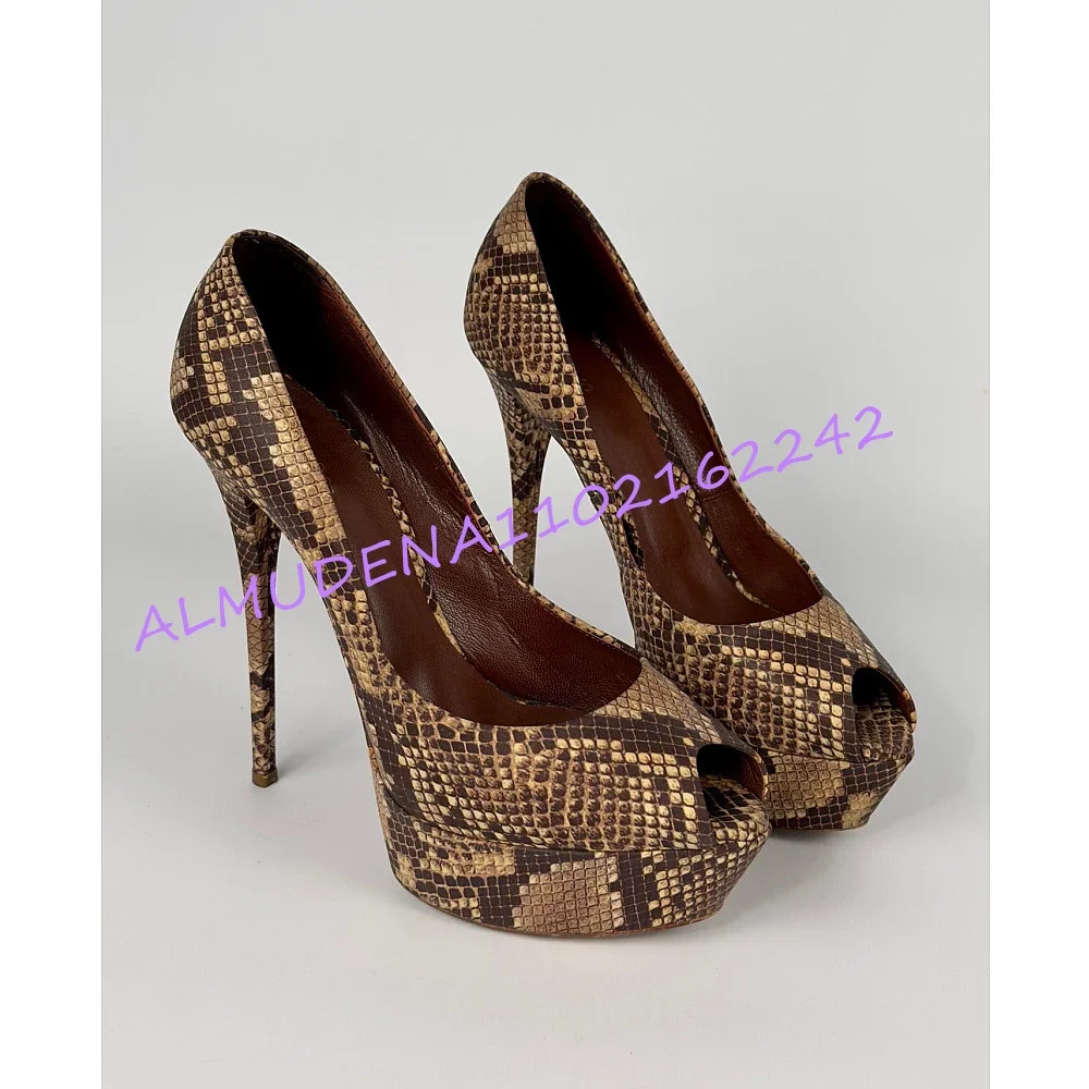 Women Snakeskin Print Peep Toe Platform Stiletto Pumps Vintage Brown Animal Print Super High Heel Dress Shoes For Evening Club