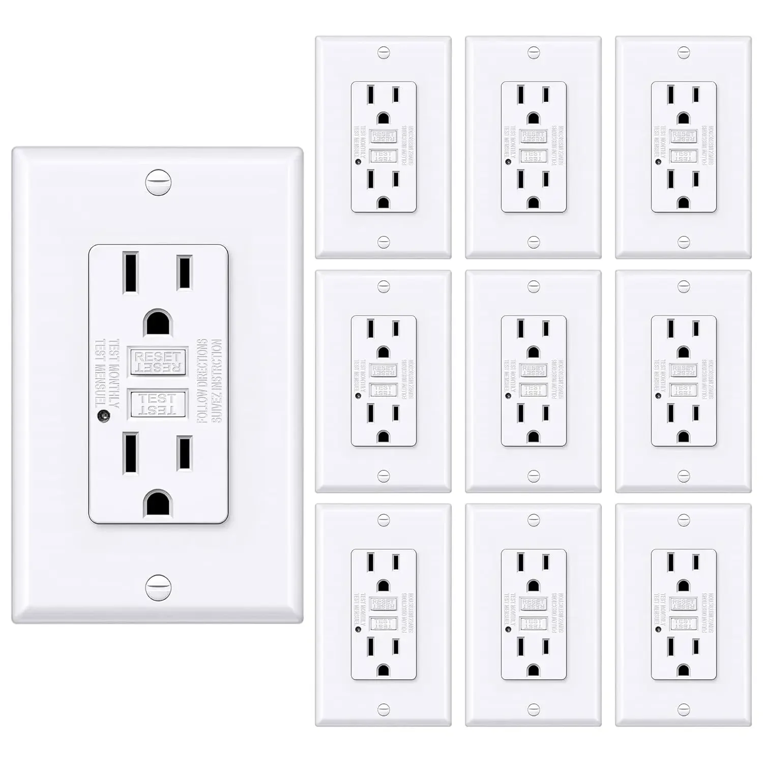 10 Pack 15 Amp GFCI Outlet, GFI Receptacle Outlet with LED Indicator, Ground Fault Circuit Interrupter, ETL Certified