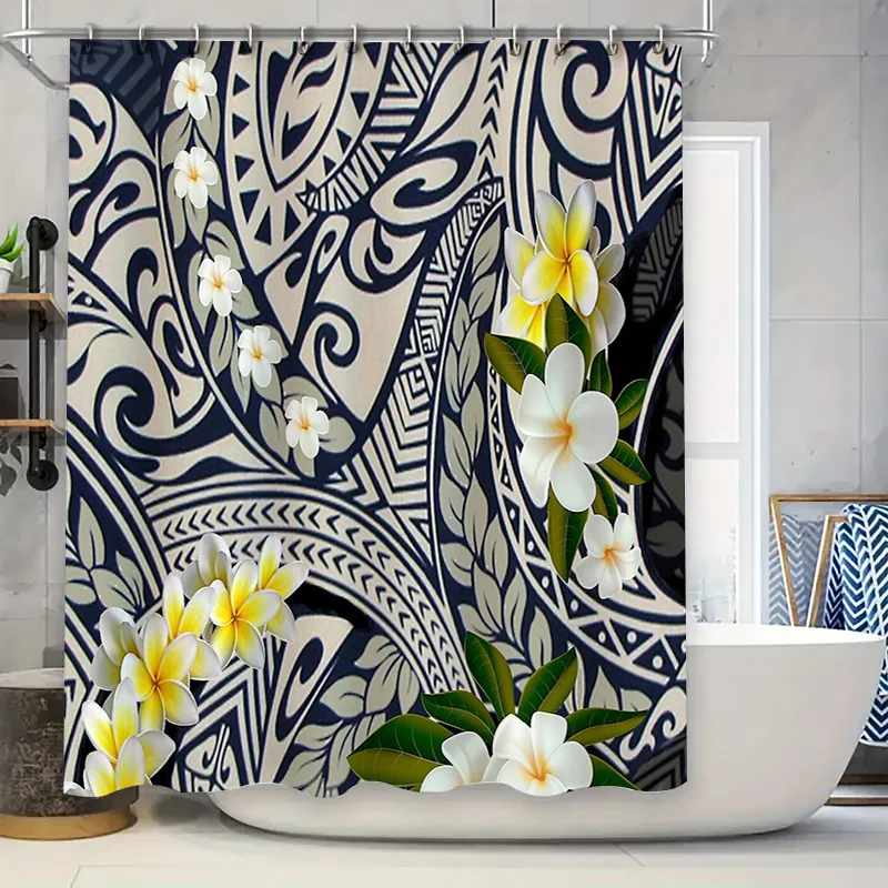 

Polynesian Shower Curtain Tropical Floral Ocean Wave Pattern Bathroom Decor Waterproof Fabric