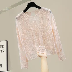 Autunno 2 colori Vintage paillettes perline dritto o-collo manica lunga Slim Casual abbigliamento quotidiano T-Shirt donna 8075