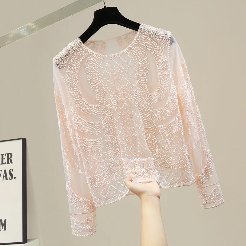Jesień 2 kolory Vintage cekinowy koralik prosty O-neck z długim rękawem Slim Casual odzież na co dzień damska T Shirt 8075