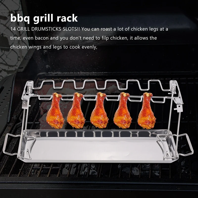 Stainless Steel BBQ Grill Rack, Roaster Stand com Drip Pan, Pendure até 14 pernas de frango ou asas