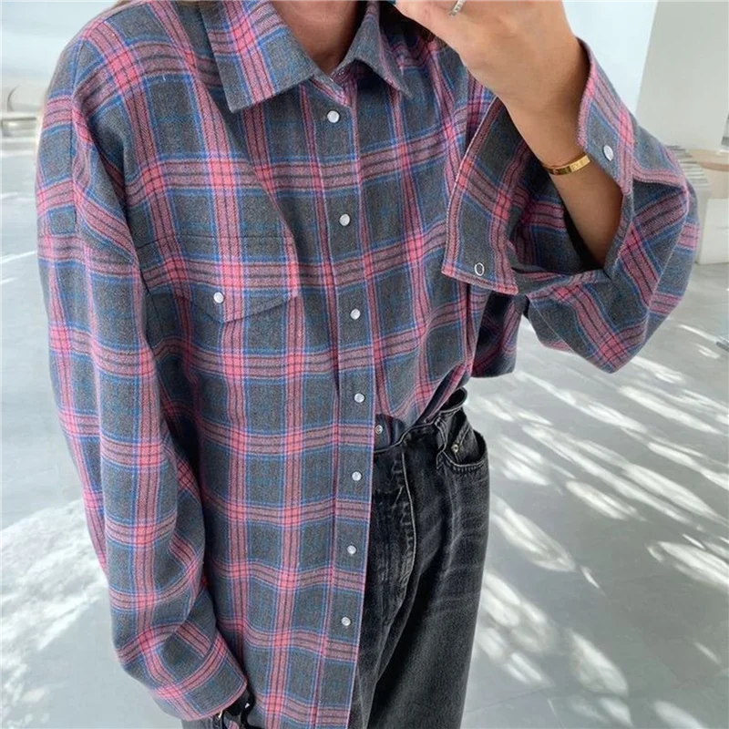 

A83F-Womens Flannel Shirts Cotton Casual Long Sleeve Blouse Classic Collared Button Down 2025 Fall Tops
