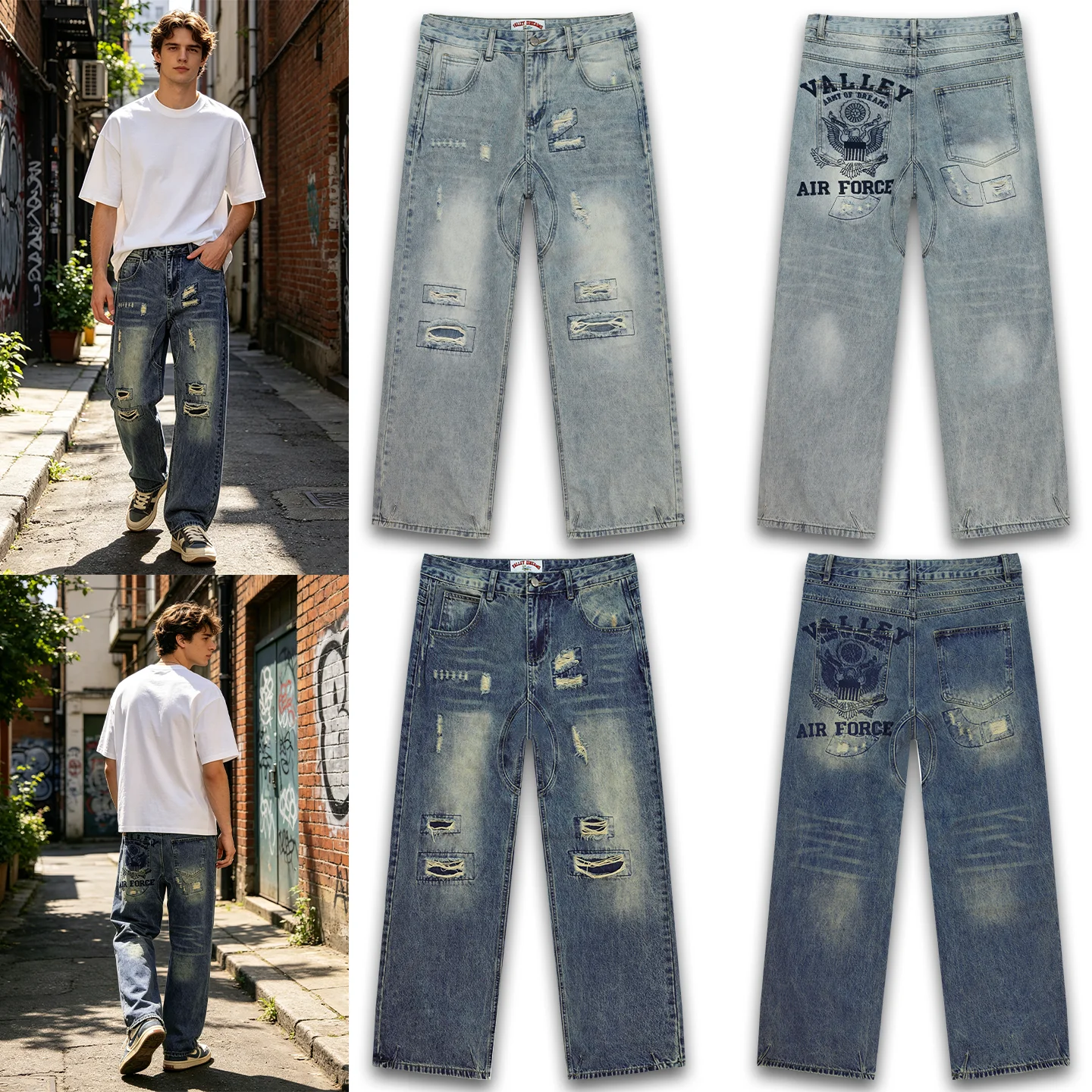 Valley Dreams Men's Casual Embroidered Double Eagle Denim Jeans mid Waist Loose Fit Straight Leg Wear Resistant Autumn Street...