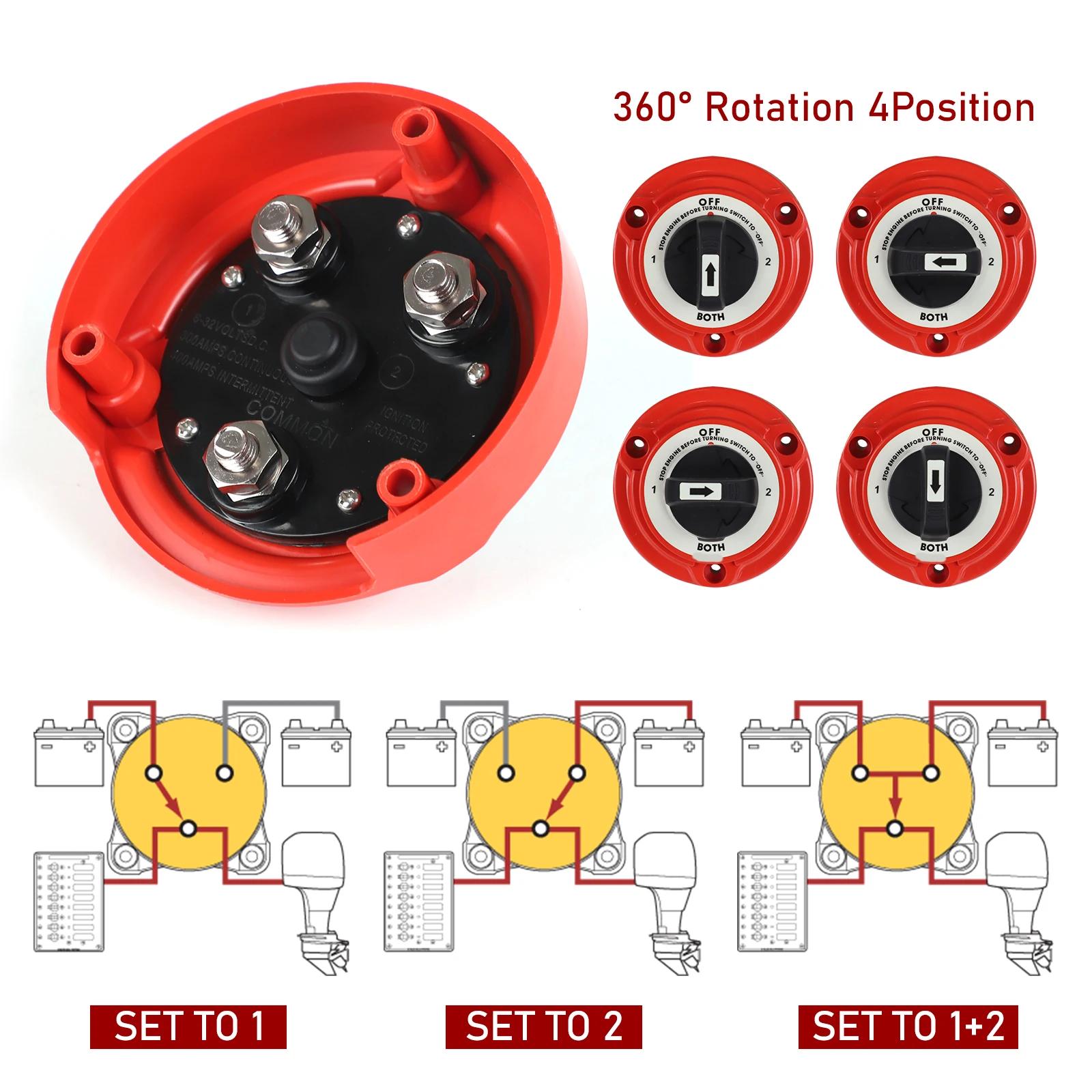 Auto-Doppelbatterie-Umschalter 400A 6-32V 4-Positionen-Stromunterbrecher Batterietrennschalter für Marine, Boot, Wohnmobil, große LKW – Detail 2