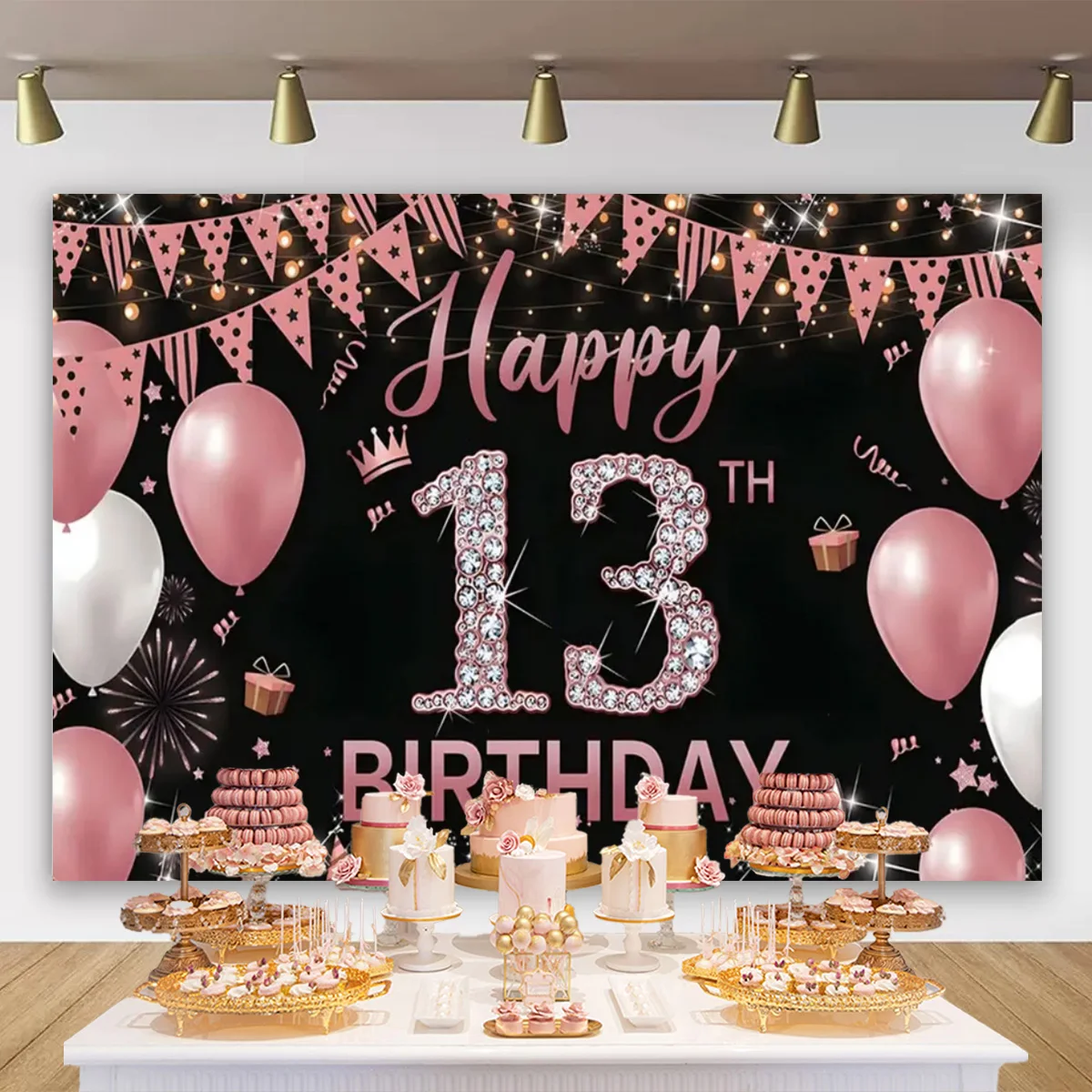 13th Birthday Party Backdrop for Photography Teenager Kids Boys Girls Happy 13 Years Old Gold Black Pink Blue Balloon Poster