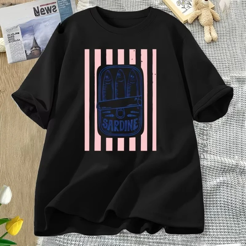 

Футболка «Сардина с луженной рыбой», женская летняя футболка в стиле ретро с рисунком морепродуктов, повседневная хлопковая футболка с короткими рукавами и круглым вырезом, женская одежда
