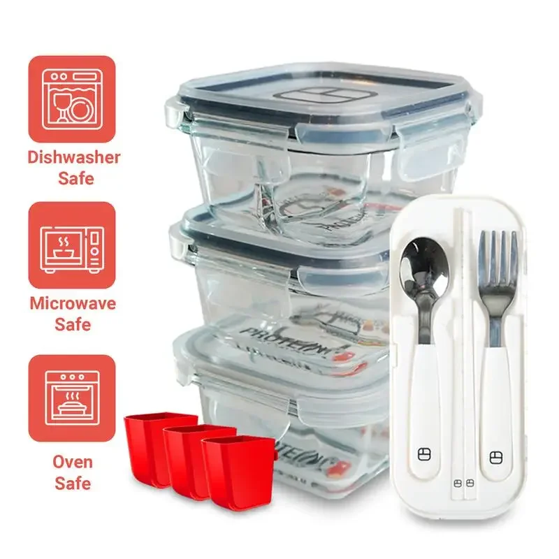 BariBowl Meal Prep Set (3-Pack) , bite-sized utensils and silicone condiment cups, portion control