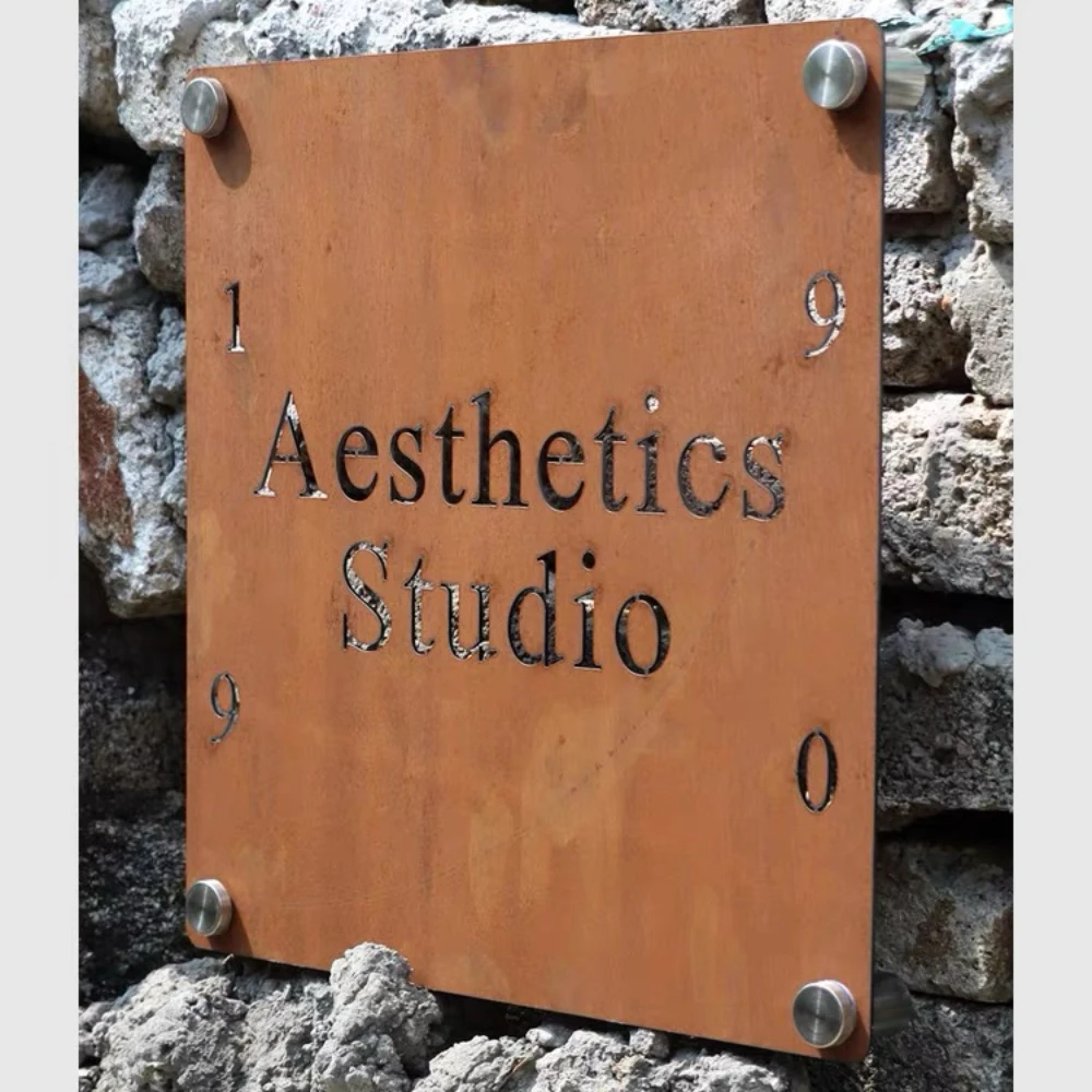 Modern Corten Steel Studio Door Sign with Customized Laser Cut Text & Numbers, Waterproof Mounting Screws Plaque for Outdoor Use