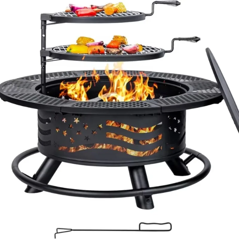 2026 Outdoor Steel Round Table Fire Pit With 2 Cooking Grates Cover Lid For Backyard Bonfire Patio Picnic Wood Burning BBQ Grill