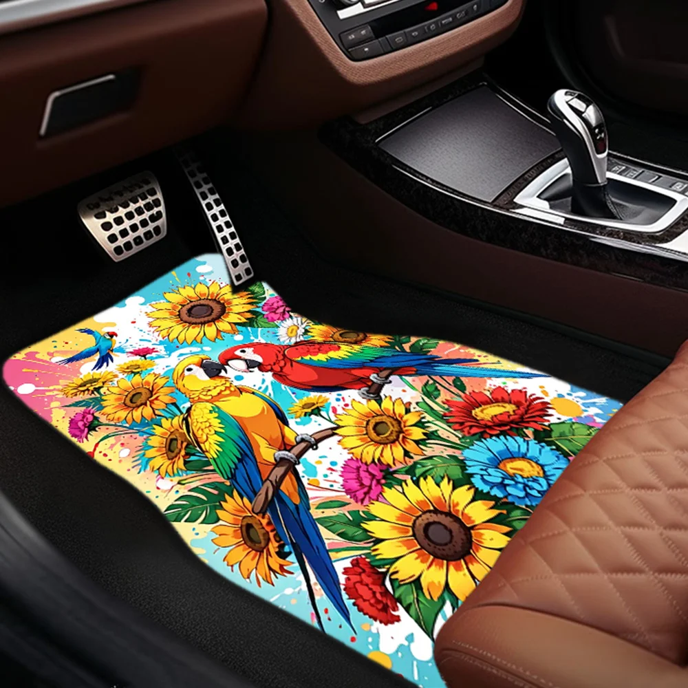 1pc/2pcs/4pcs Colorful Sunflowers And Parrots Pattern Fashion Art Car Mats, Universal For All Seasons, Comfortable And Durable,