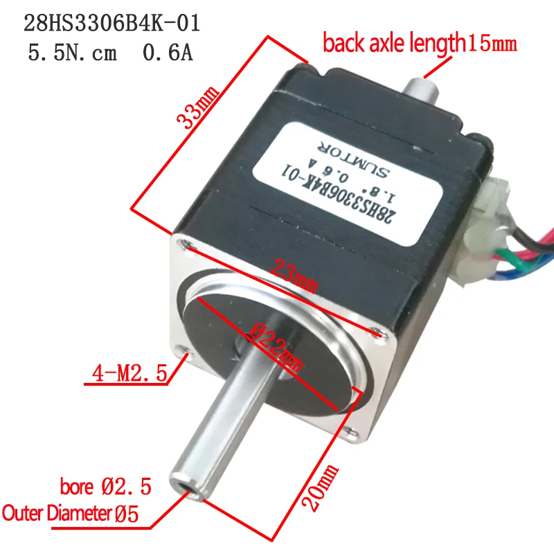 4-Wire NEMA11 Micro Stepper Motor 5.5N.cm Fuselage Length 33mm  Double Hollow Output Shaft Step angle 1.8° Current 0.6A