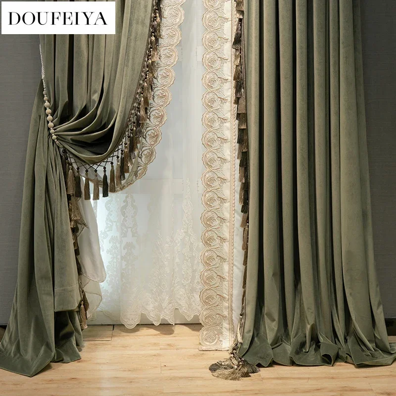 Vintage Green Velvet Luxury Thickened European Style Blackout Curtains For Living Room Bedroom Dining Custom Size White Tulle