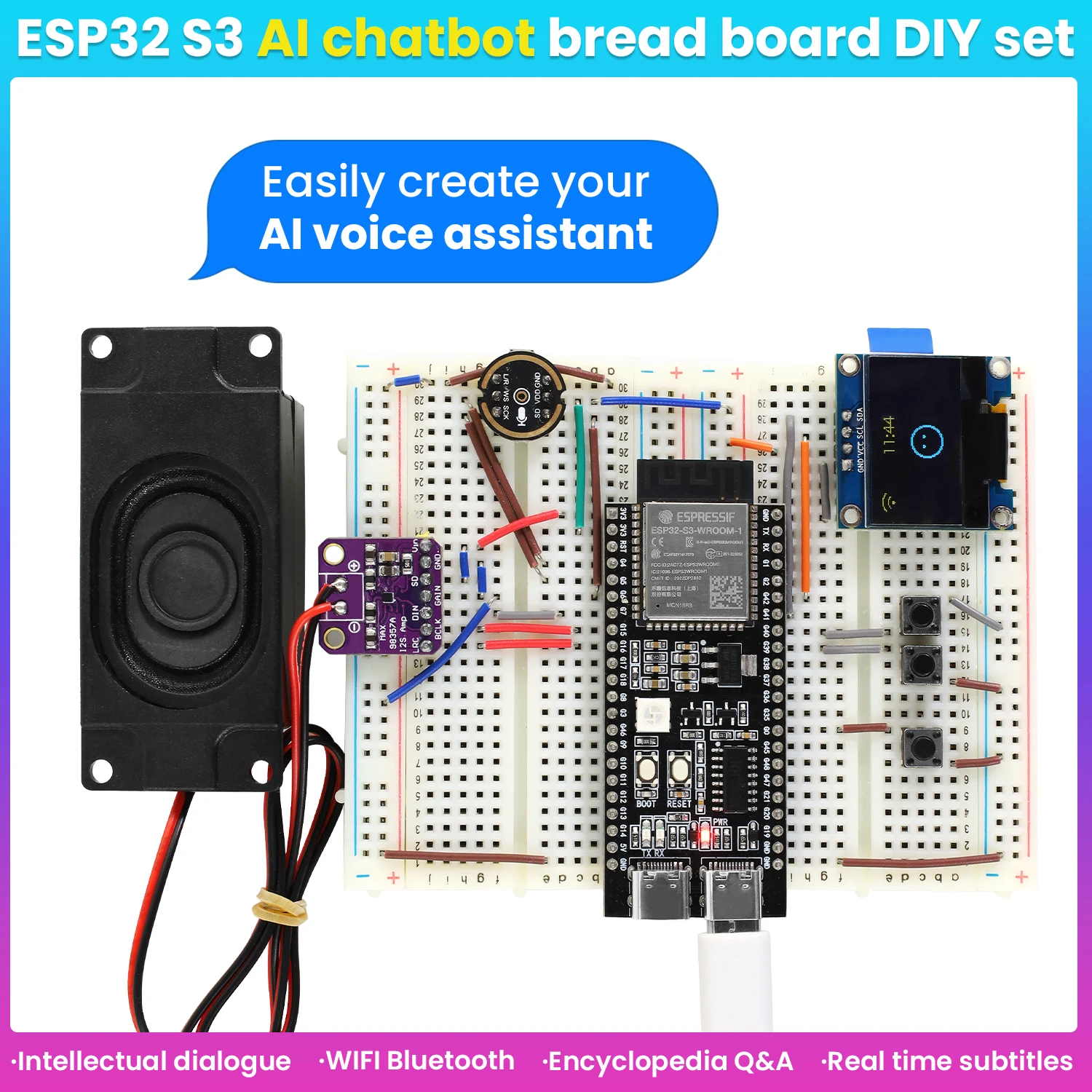

Keyestudio Xiao Zhi AI Voice Chatbot Breadboard DIY Starter Kit with 128x64 OLED Screen For Arduino ESP32-S3-DevKitC-1 Kids STEM
