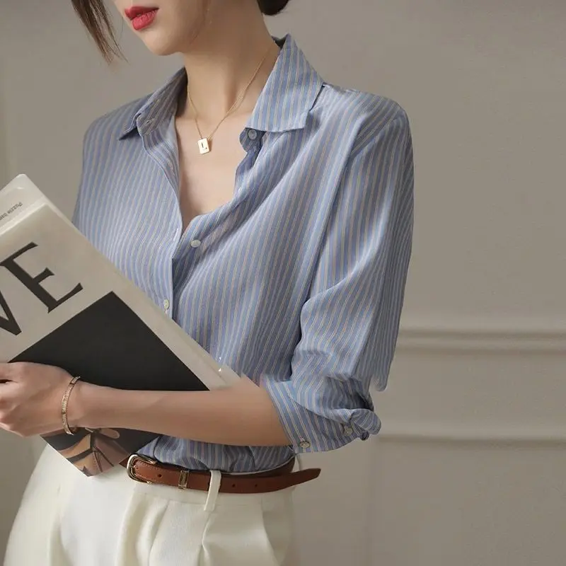 Blue Striped Shirts & Blouses for Women Full Long Sleeve Woman Top Chiffon Spring Autumn Button Up Loose Aesthetic High Quality