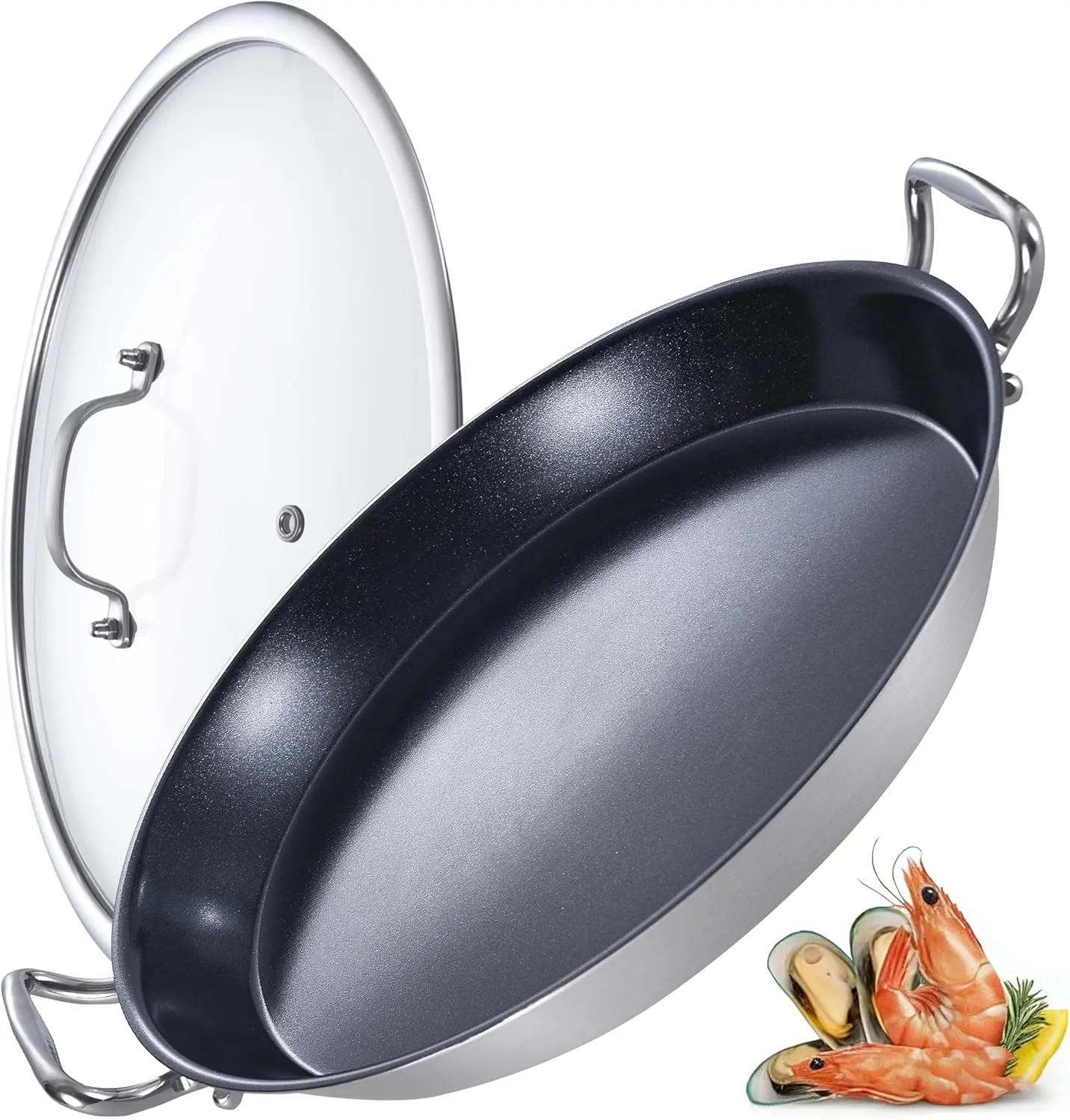 

14" Nonstick Paella Pan with Lid, Tri-ply Stainless Steel, Oven Safe, Induction Compatible