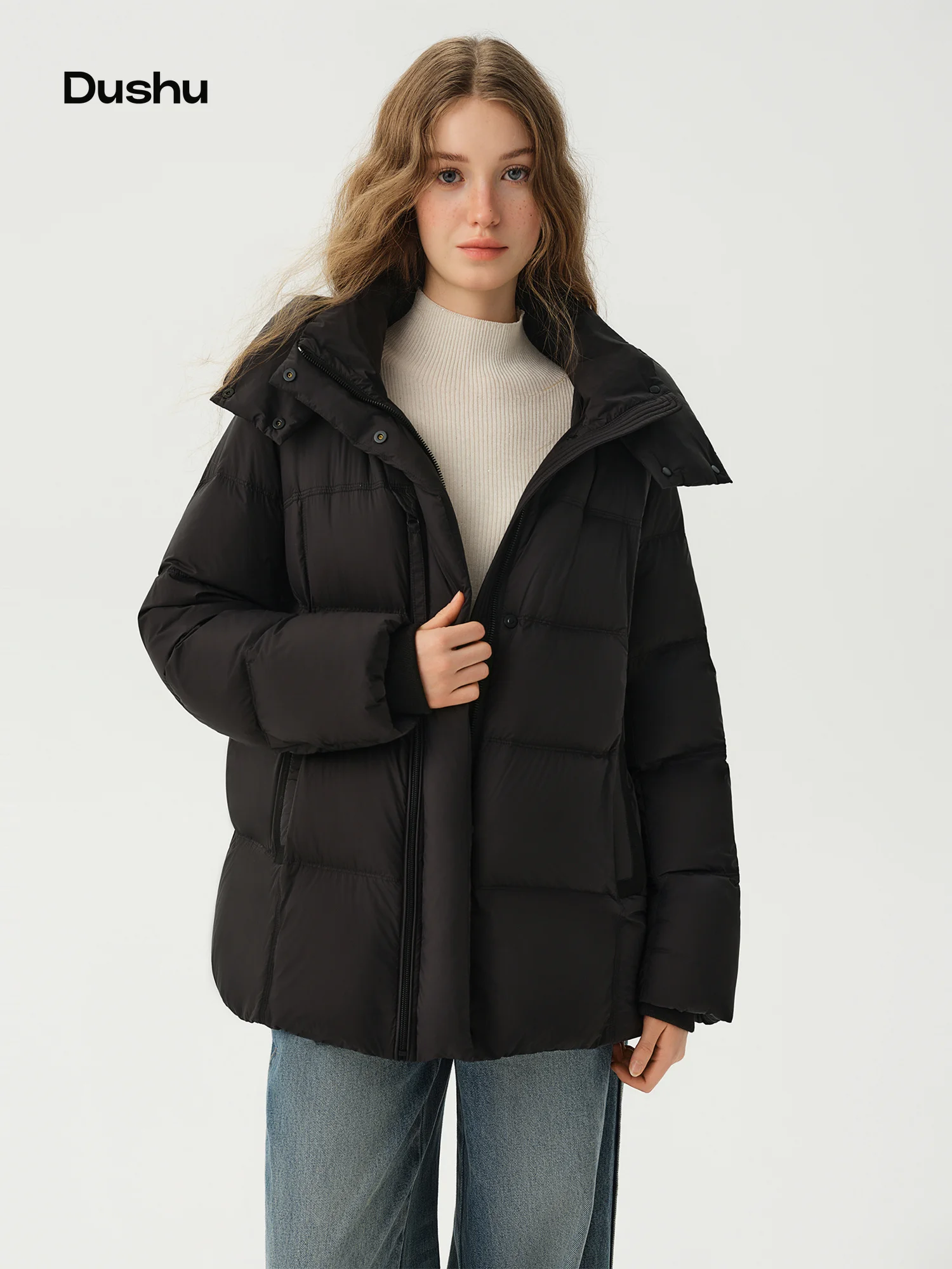 DUSHU Women’s Hooded Puffer Down Jacket Regular Length Thick White Duck Down Warm Winter Outerwear New for Winter 2026