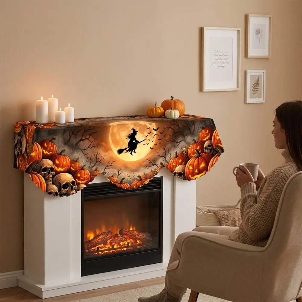 Scalloped Edge Halloween Mantel Scarf Haunted House Autumn Pattern Spooky Fireplace Topper Pumpkin Theme Cute Ghost