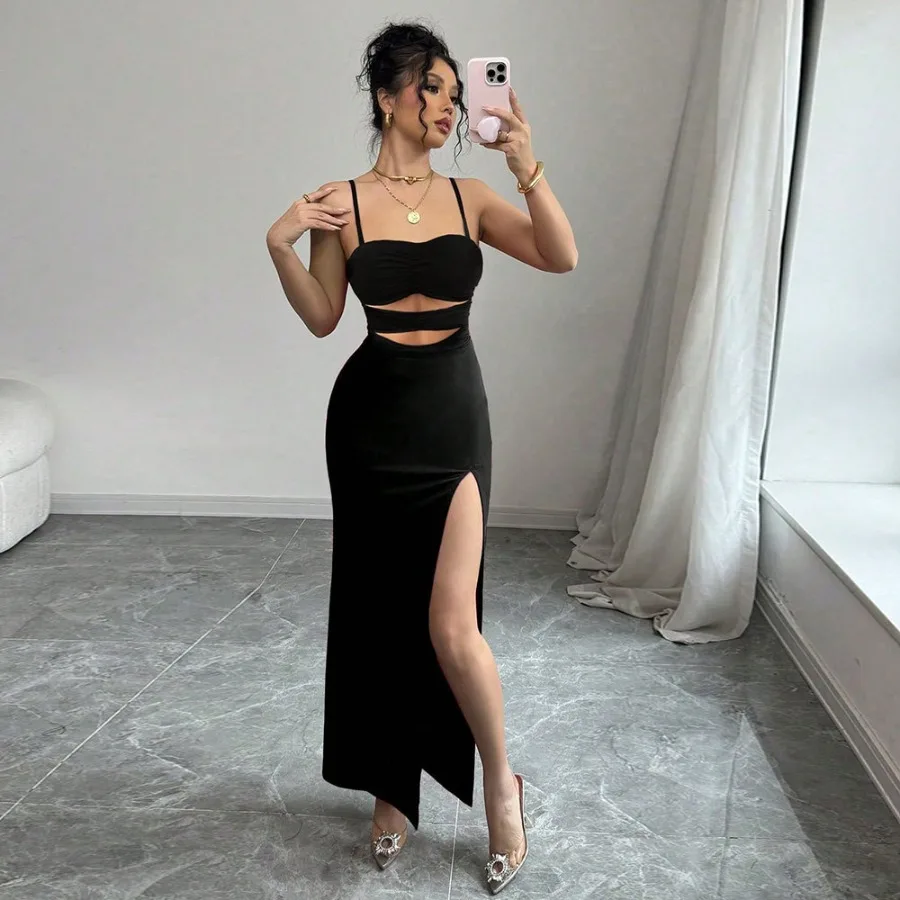 

【New style】2026 - European and American new women's clothing hollow sexy suspender dress summer simple black banquet long dress