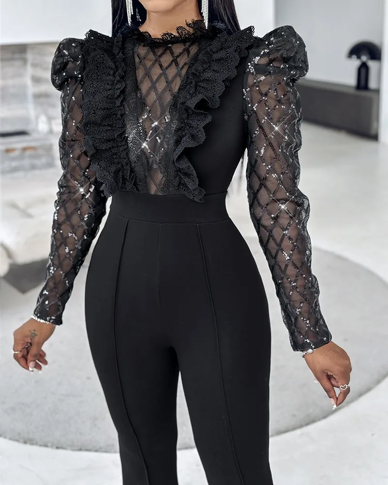 Spring Women Jumpsuits Elegant Mesh See Through Long Sleeve Sexy Contrast Lace Sequin Patch Casual Jumpsuits Overalls