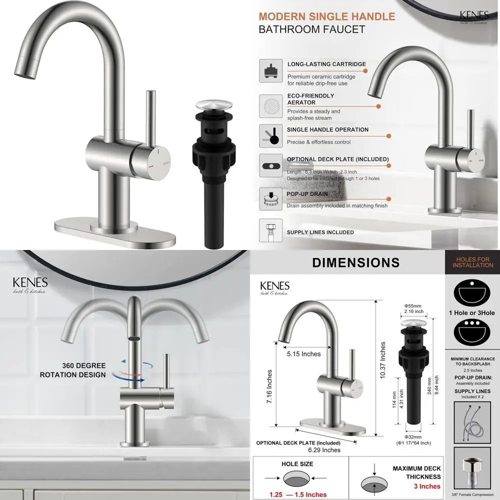 

Modern Single Handle Brushed Nickel Prep Sink Faucet with Drain & Deck Plate for Bathroom, Wet Bar, RV, and Outdoor Use