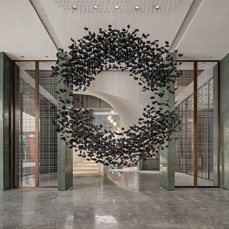 Black Art Luxury Stone Crystal Chandelier For Staircase Hallway Lobby Modern Cristal Led Hanging Lamp Home Indoor Light Fixtures