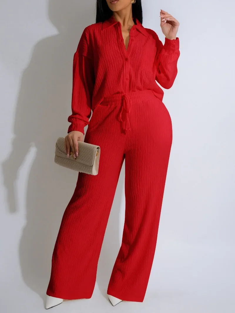 

Shirring 2 Piece Set Women Solid Turn Down Collar Long Sleeve Single Breasted Shirts Tops + Wide Leg Pants Loose Casual Suits