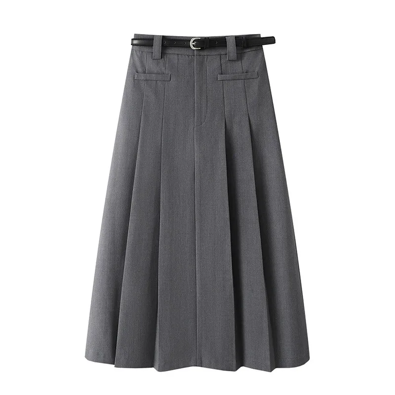 

ey Slimming Midi Skirt Women's A-Line Pleated Skirt Ele Sle Polyester Fiber Busin And Home Use Skirt