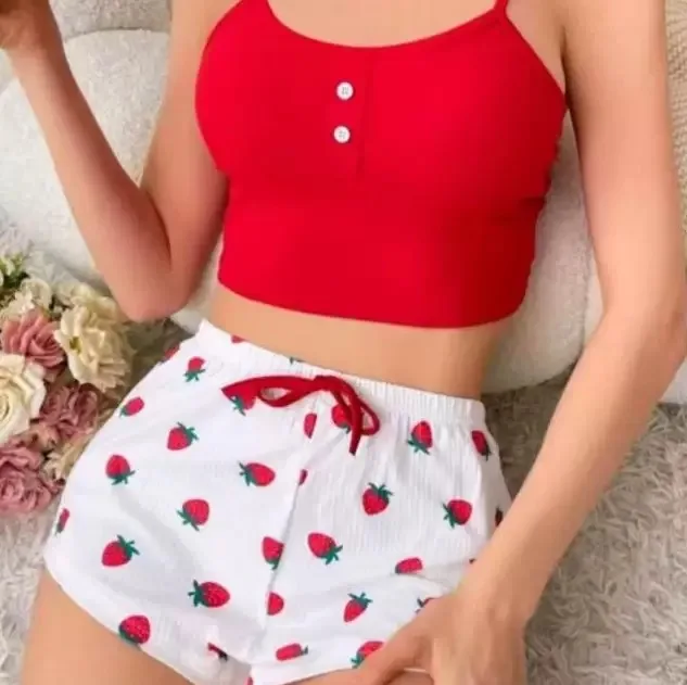 Women Strawberry Print Pajama Set Button Decor Ribbed Spaghetti Strap Crop Cami Elastic Drawstring Shorts Soft Loungewear Sleepw