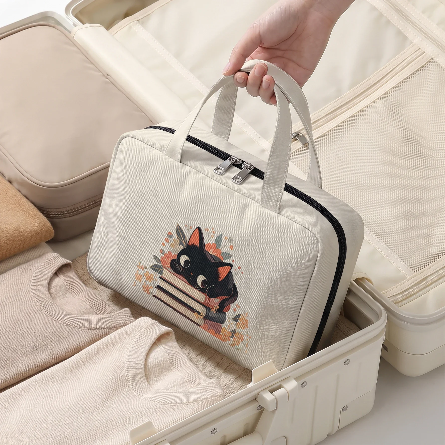 Black Cat Book Floral Print Hanging Cosmetic Bag Foldable Multi Pocket Toiletry Bag For Travel Daily Use