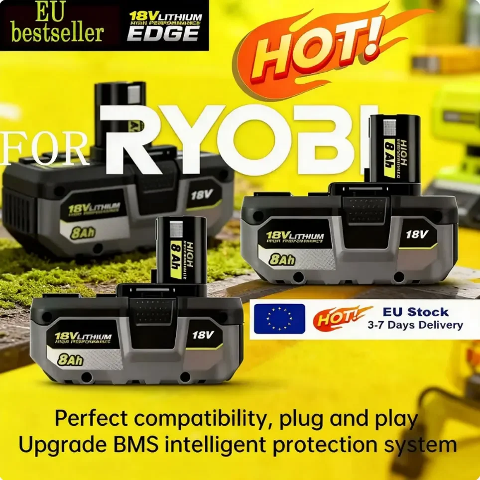 Batteria agli ioni di litio RYOBI 18V/8000Ah, compatibile con tutti gli utensili elettrici da 18V, modelli RB18L50/RB18L20, P104, P108, P107, P109.