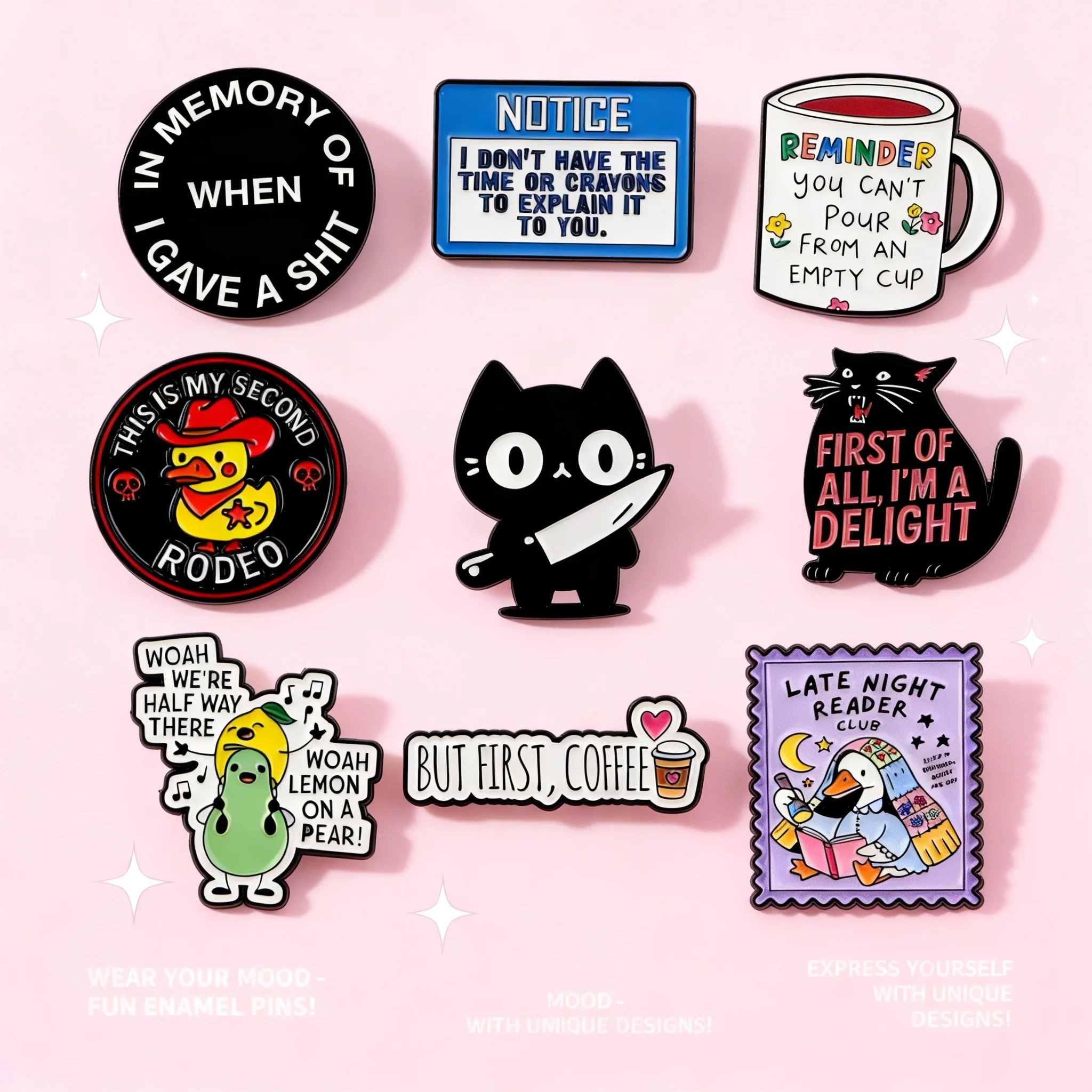 

Милые эмалевые значки с черными котами, мультяшные значки с утками, забавные броши для рюкзаков, шляп, лацканов, аксессуары для косплея, игрушки, подарки