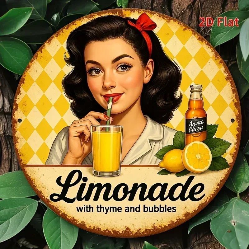 2D Flat, 1pc 8x8 Inch Round Aluminum Wall Art - Vintage Limonade with Thyme & Bubbles Retro Tin Sign, Lemon & Lime Slice Decor