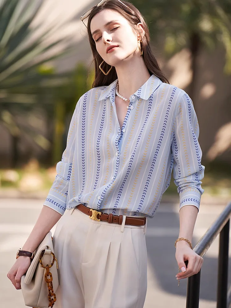 SuyaDream, Woman Striped Shirts, 100%Silk Crepe, Printed Light Blue Blouses, 2025 Spring Autumn Office Lady Top