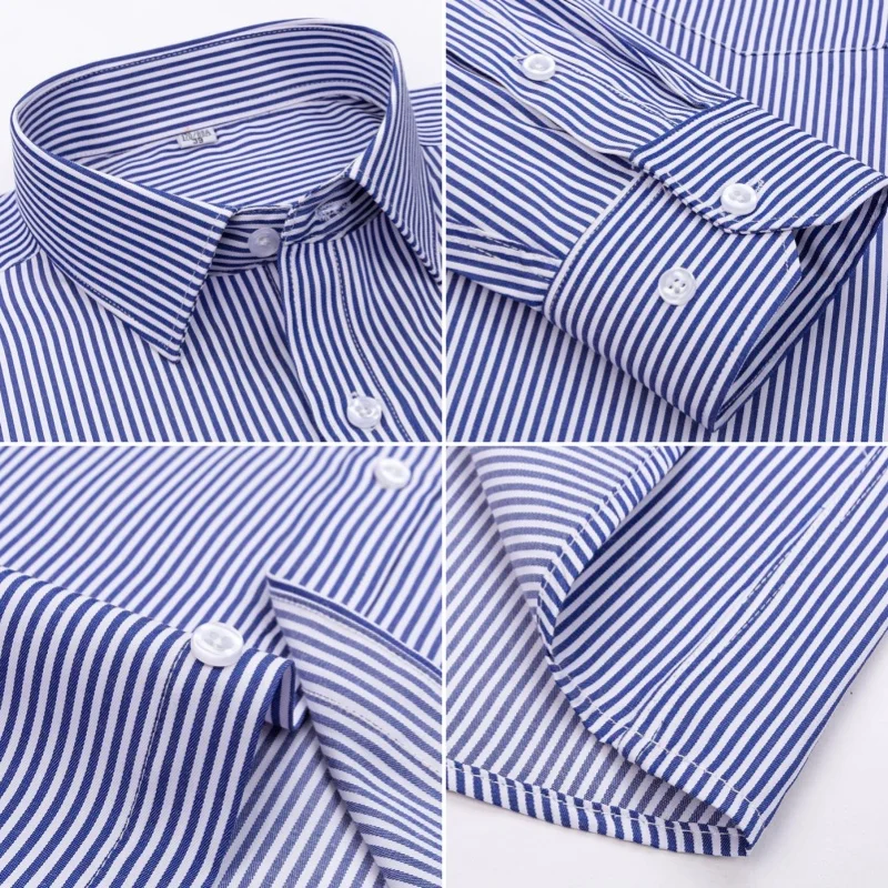 Men\'s Formal Shirt Long Sleeve Office Solid Color Striped Anti-wrinkle Non-ironing Fashion Business Pocket White Shirts S-4XL