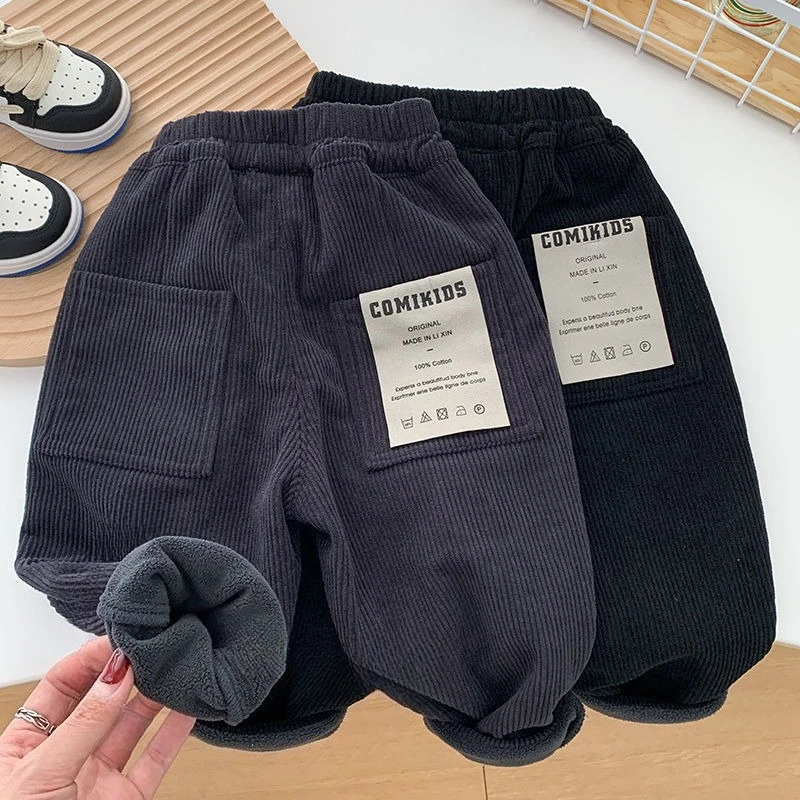 

Children's Plush Fleece Corduroy Pants 2025 Winter Boys Loose Trousers Baby Kids Elastic Waist Warm Casual Pants