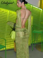 Dulzura-maxivestido largo de punto de ganchillo con cuello redondo para mujer, vestido liso recortado con espalda descubierta y manga larga con gancho y huecos de flores, Sexy Y2K 2023