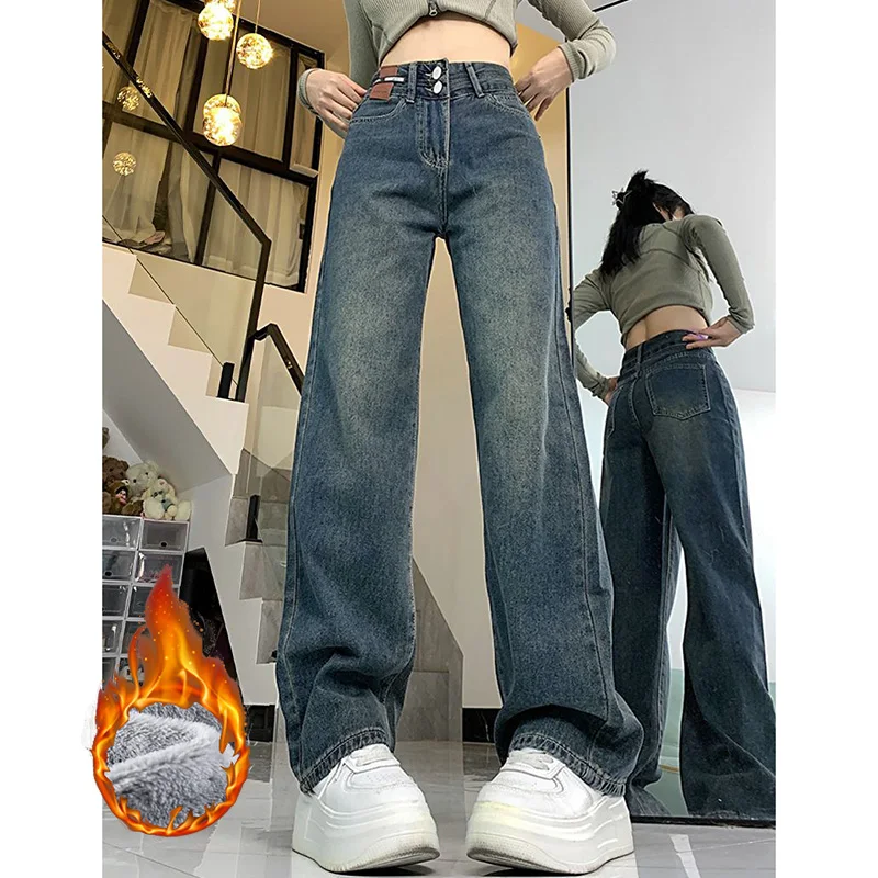 Winter Female Retro High Waist Thermal Plush Jeans Lady Classic Solid Fleece Denim Pants Girls Double Button Snow Warm Trousers